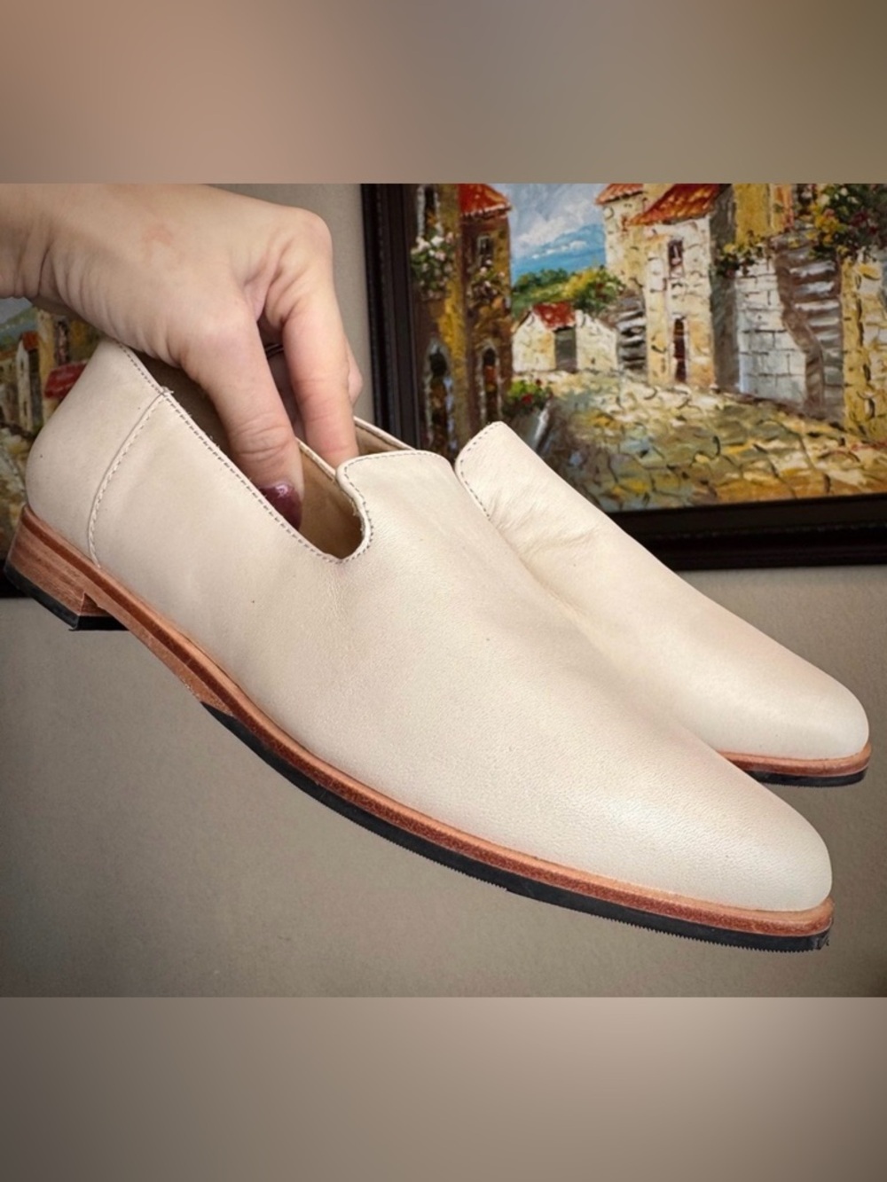 Portland Leather Patina Beige Leather Flats Pointed Toe 5.5
